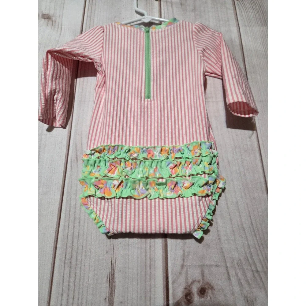 RuffleButts Pink Seersucker Long Sleeve Rash Guard‎ Swimsuit UPF 50+ 12-18M